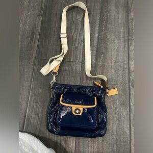 Coach Navy Patent Leather Crossbody with Tan Trim